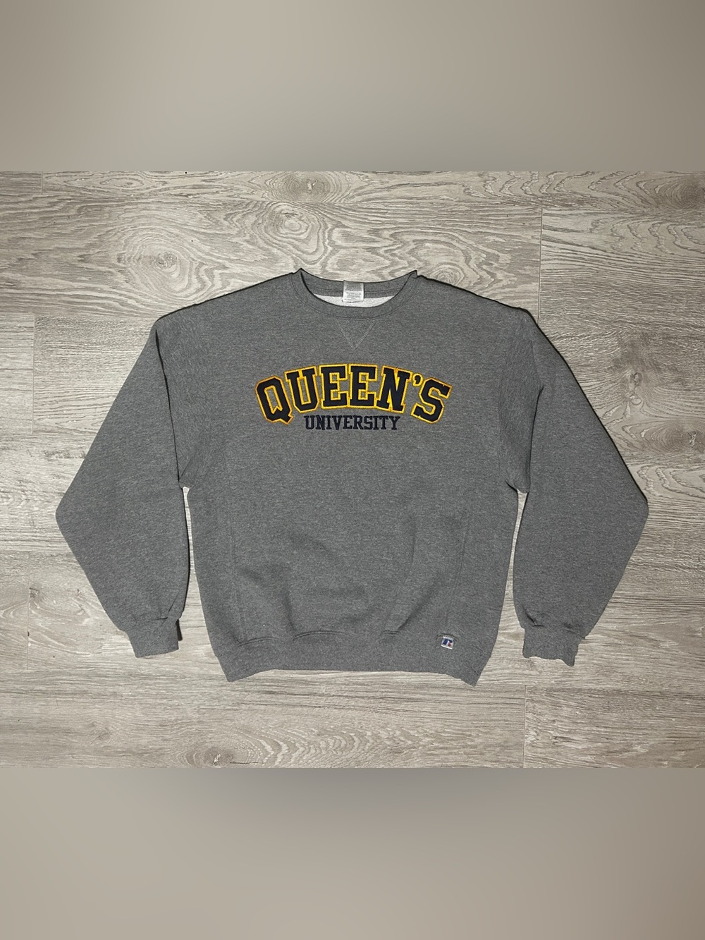 Russell Athletic Gray Queen's University Crewneck Sweatshirt with Yellow Accent